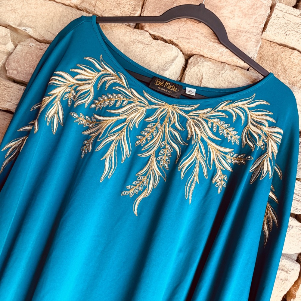 Bob Mackie Women 3X Wearable Art Teal Blue Embroidered Rhinestone Tunic Top